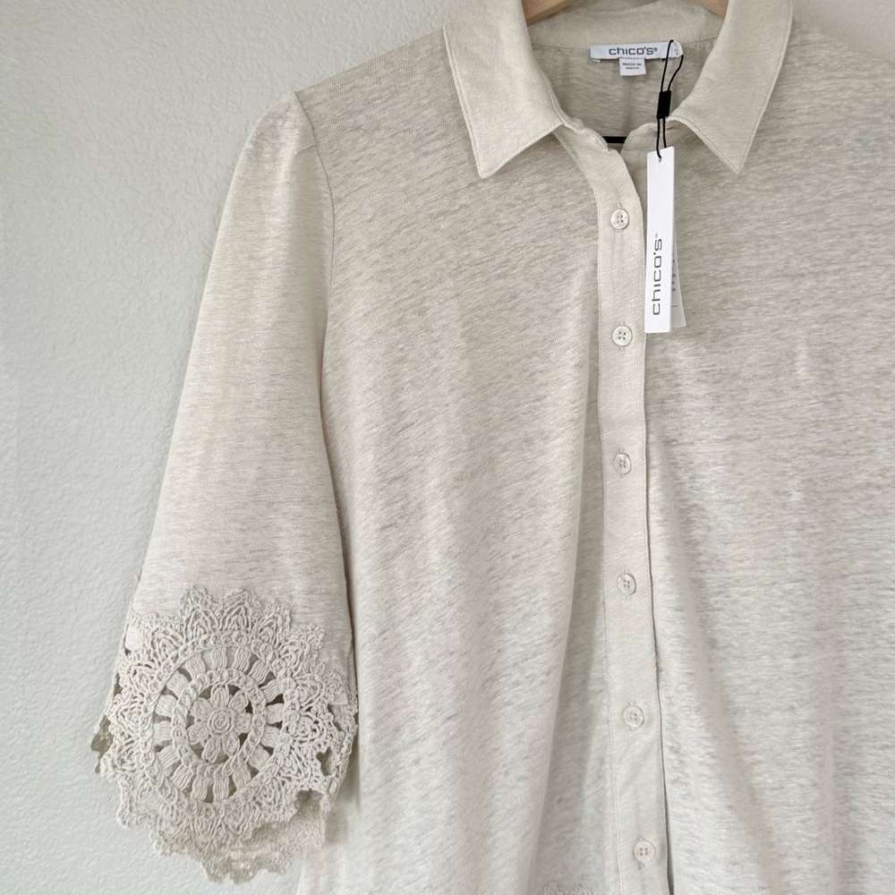CHICO’S NWT 1 Crochet Trim Linen Shirt in River Rock Neutral Cream Blouse Top 8 - Picture 3 of 12